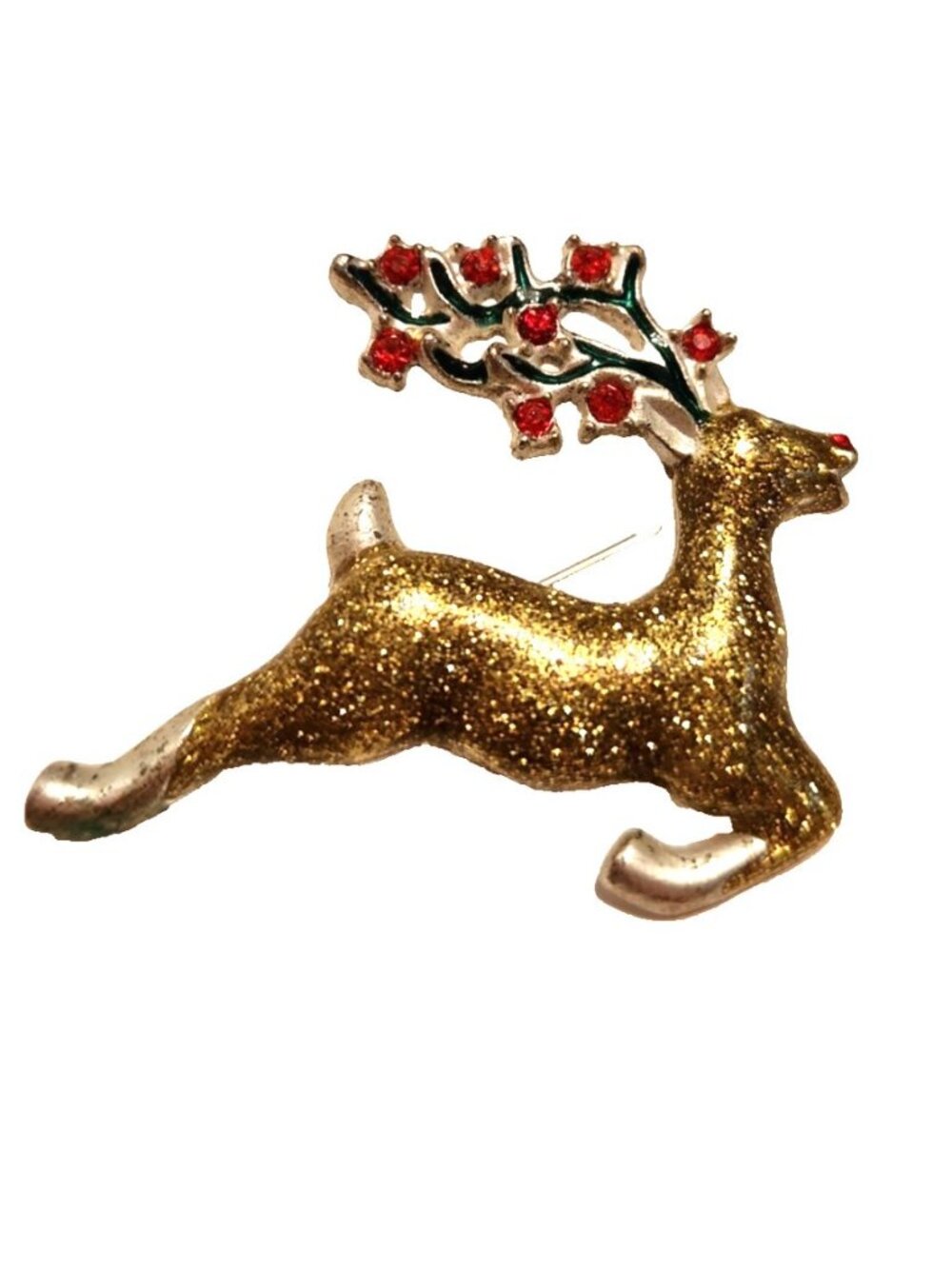 Vtg Nancy Rise NY Reindeer Brooch Holiday Pin Glitter Rhinestones Enamel Signed